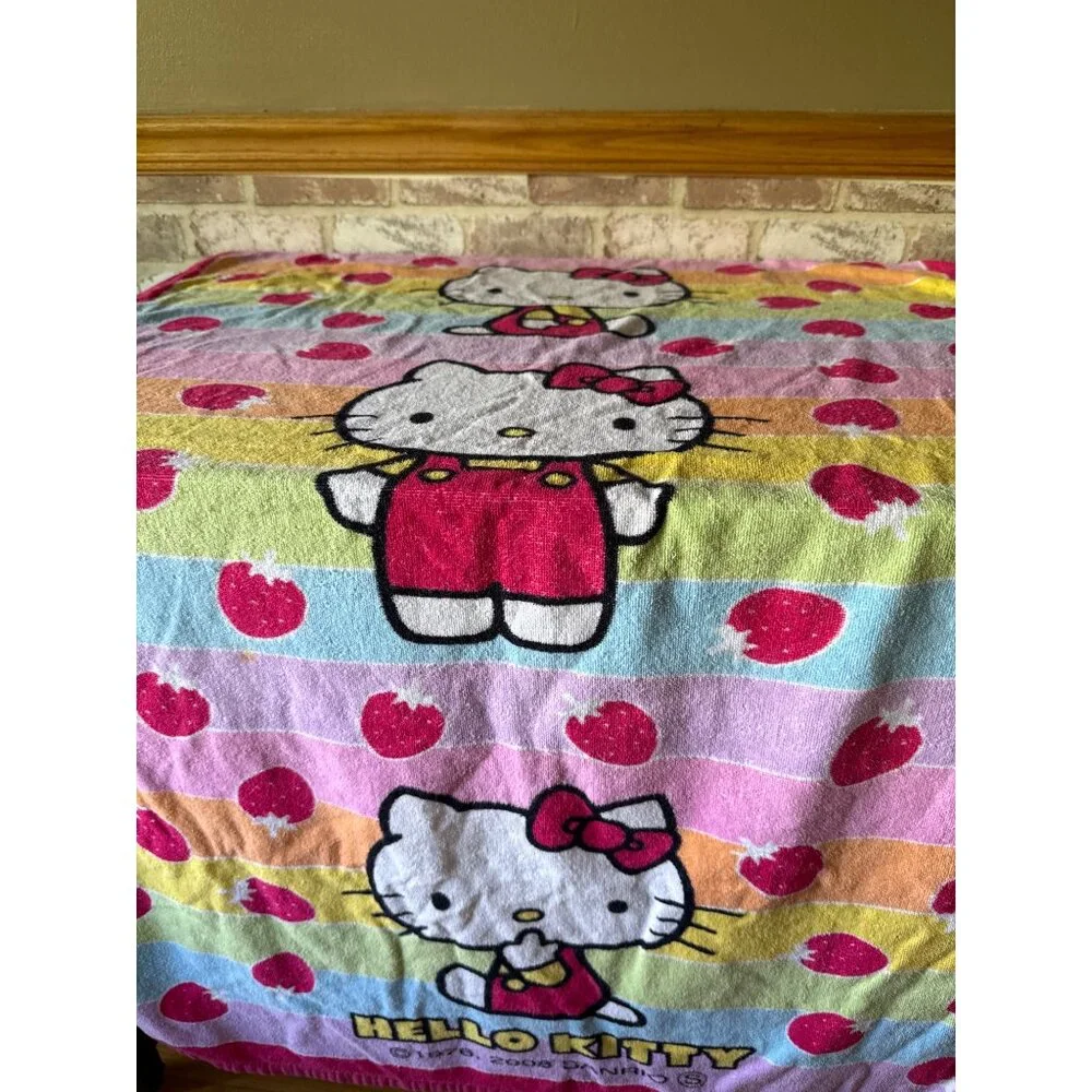 Vintage Hello Kitty Rainbow Striped Strawberry Print Bath BeachTowel By Sanrio